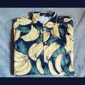 SSLR Men's Banana Print Casual Button Down Shirt - Black and Yellow